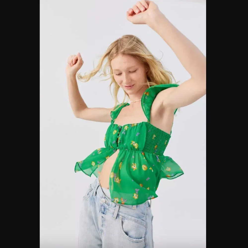 Urban Outfitters Deandra Babydoll Green Floral Blouse S